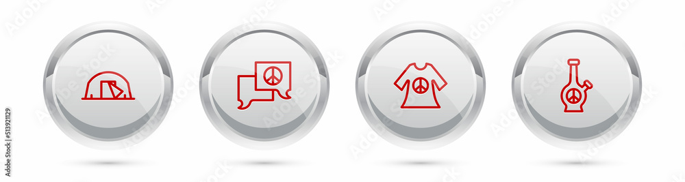 Set line Tourist tent, Speech bubble chat, Peace dress print stamp and Bong. Silver circle button. Vector Set line Tourist tent, Speech bubble chat, Peace dress print stamp and Bong. Silver circle button. Vector