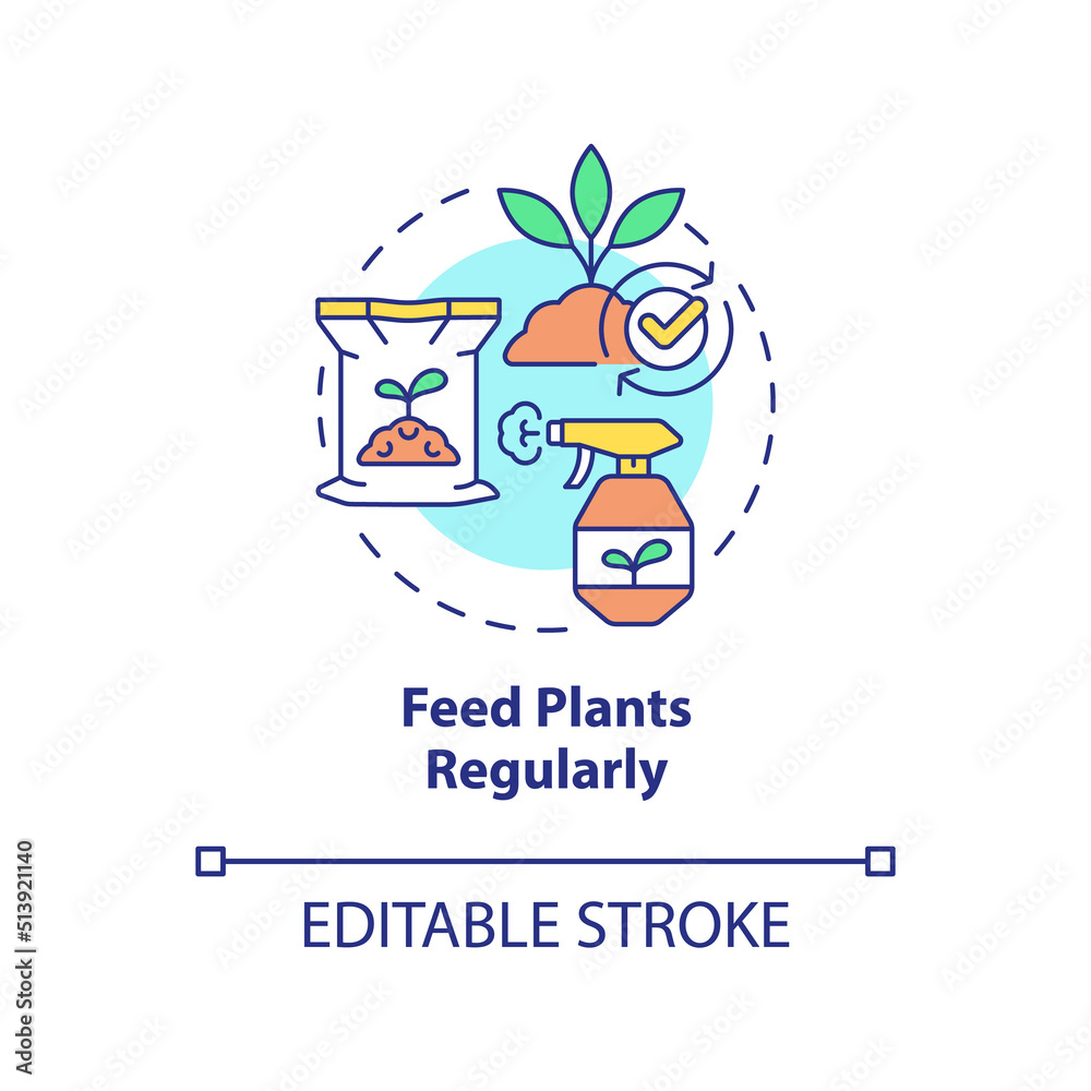 Feed plants regularly concept icon. Improve and boost growing. Gardening tip abstract idea thin line illustration. Isolated outline drawing. Editable stroke. Arial, Myriad Pro-Bold fonts used