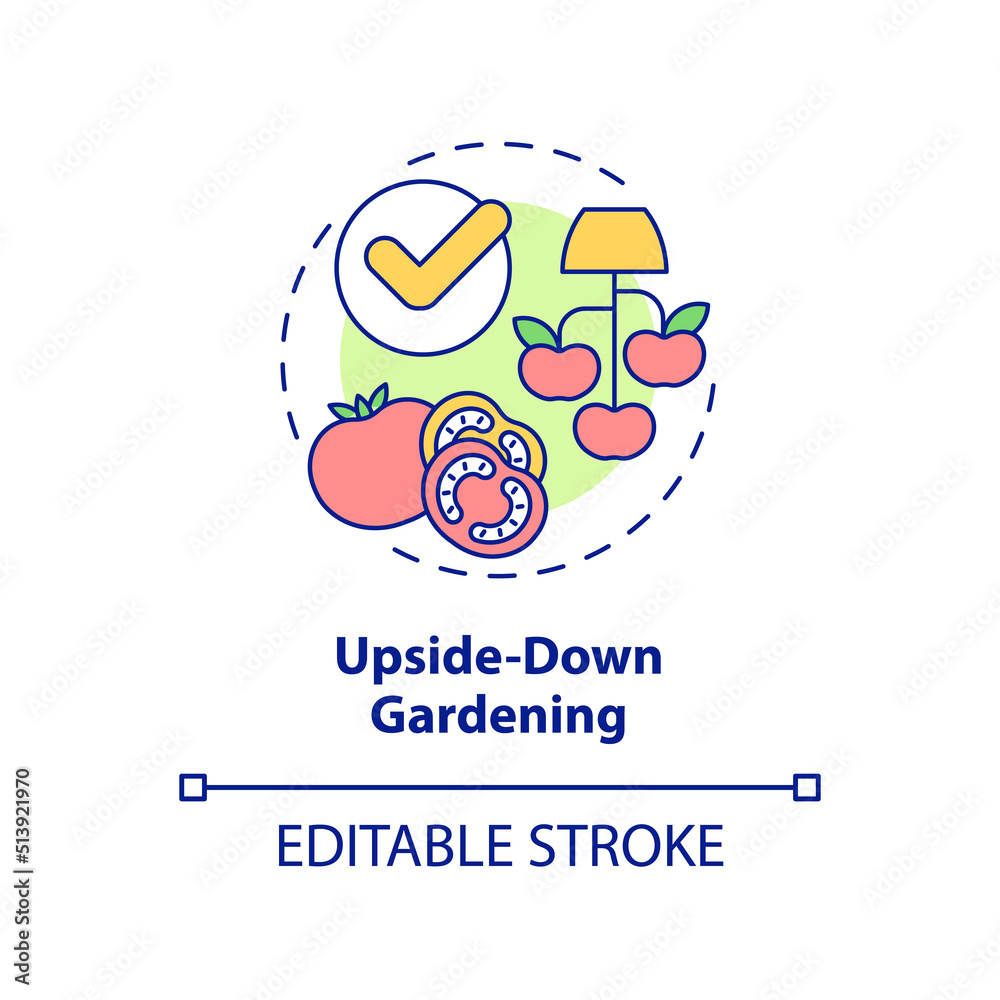 Upside down gardening concept icon. Growing tomatoes. Gardening method abstract idea thin line illustration. Isolated outline drawing. Editable stroke. Arial, Myriad Pro-Bold fonts used