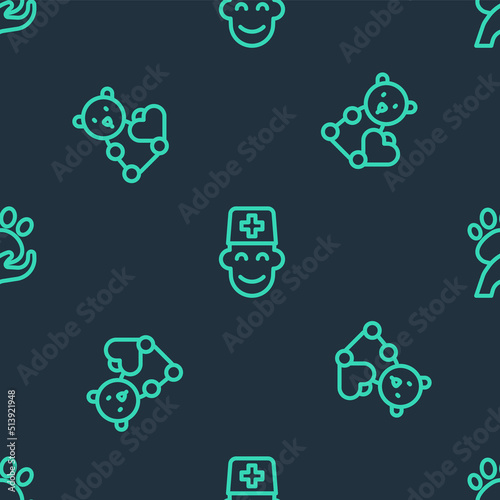 Set line Male doctor, Donate child toys and Animal volunteer on seamless pattern. Vector