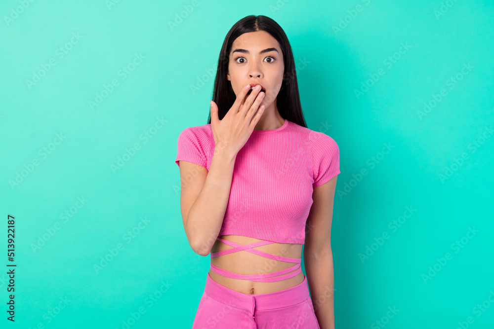 Photo of lady look hear horrible novelties impressed wear trend set clothes isolated cyan color background Photo of lady look hear horrible novelties impressed wear trend set clothes isolated cyan color background