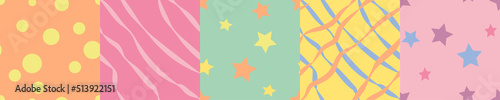 colorful children s hand-drawn seamless patterns of Dots  stripes  stars