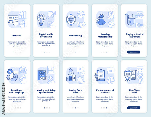 Skills for life light blue onboarding mobile app screen set. Walkthrough 5 steps editable graphic instructions with linear concepts. UI, UX, GUI template. Myriad Pro-Bold, Regular fonts used