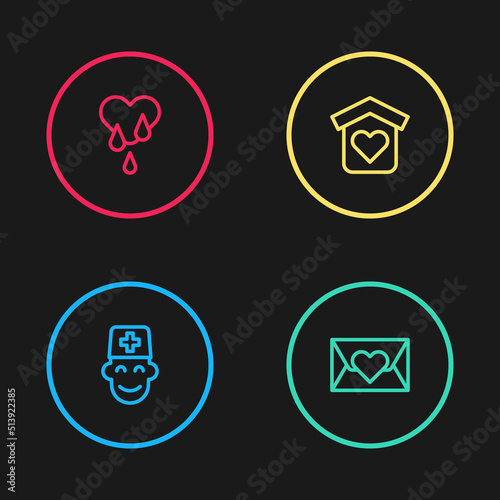 Set line Male doctor, Envelope with heart, Shelter for homeless and Blood donation icon. Vector