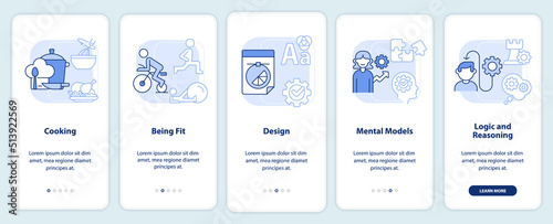 Life skills light blue onboarding mobile app screen. Abilities walkthrough 5 steps editable graphic instructions with linear concepts. UI, UX, GUI template. Myriad Pro-Bold, Regular fonts used