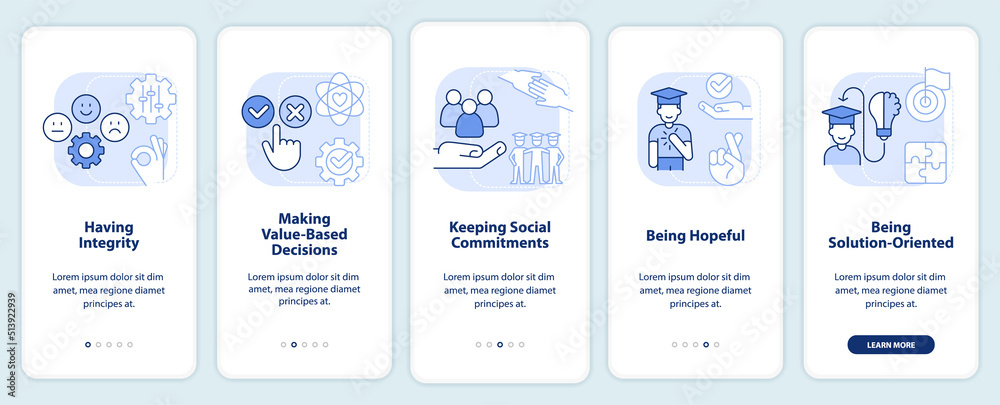 Skills for students light blue onboarding mobile app screen. Walkthrough 5 steps editable graphic instructions with linear concepts. UI, UX, GUI template. Myriad Pro-Bold, Regular fonts used