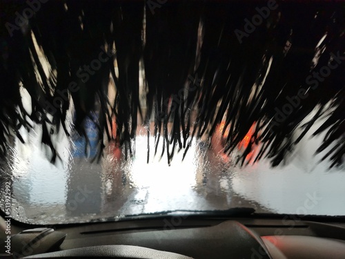 View of an automatic car wash from inside a car