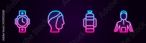 Set line Diving watch, hood, Aqualung and Wetsuit for scuba diving. Glowing neon icon. Vector
