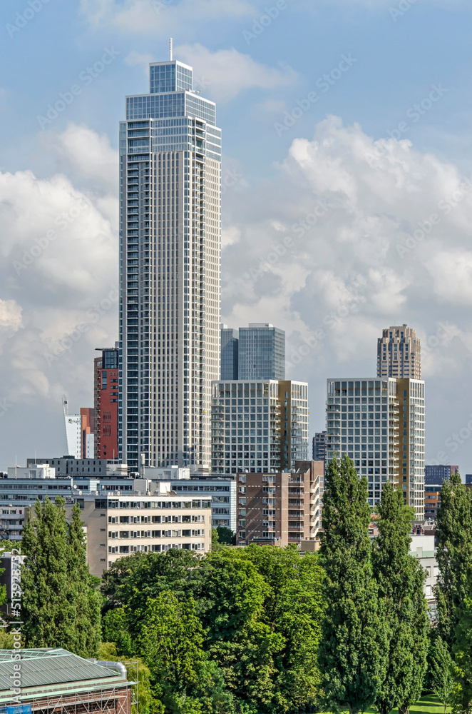 Rotterdam, The Netherlands, June 24, 2022: the recently completed Zalmhaven tower, rising behind the trees of Museumpark Rotterdam, The Netherlands, June 24, 2022: the recently completed Zalmhaven tower, rising behind the trees of Museumpark