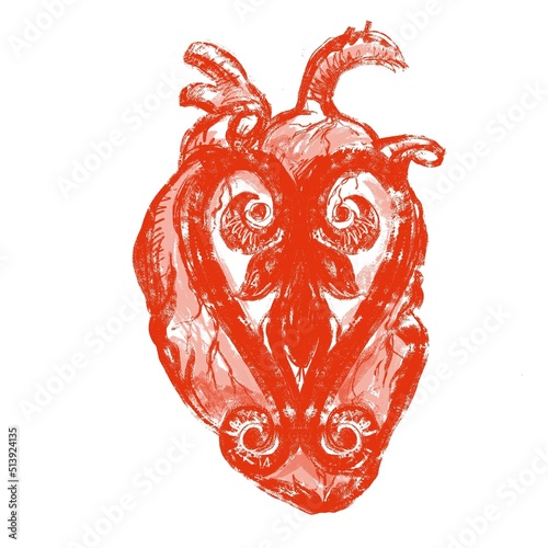 art illustration red heart with oriental national ornament on white background. Illustration for design and print 