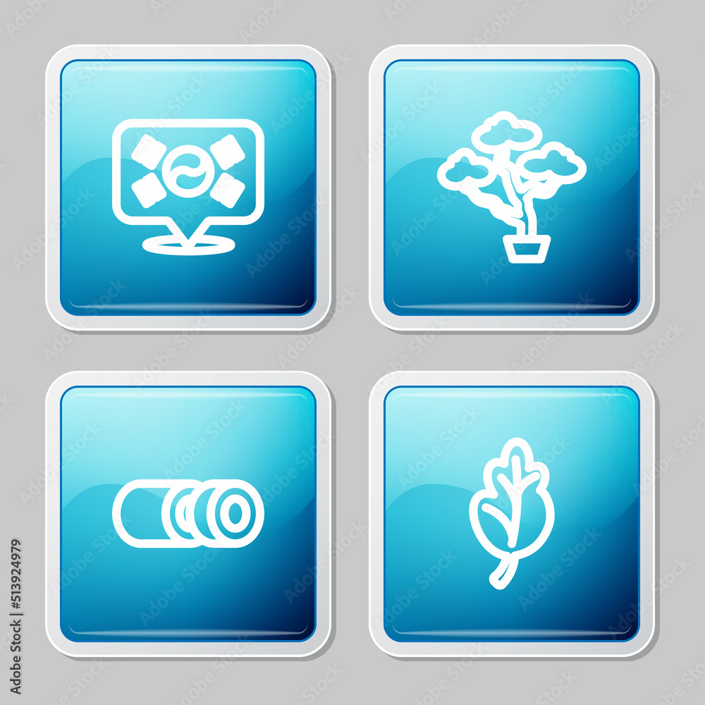Set line Location South Korea, Bonsai tree, Sushi and Kimchi icon. Vector