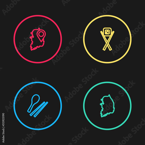 Set line Food chopsticks, South Korea map, Sushi with and icon. Vector