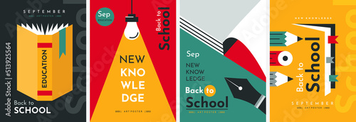 Educational posters. Back to School. Books, notebook, light bulb, fountain pen, pencils. Elements and objects on school themes, simple flat background.  photo