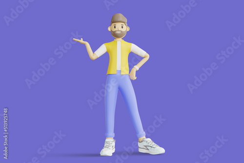 Portrait of smiling cute сasual brunette man wearing white and yellow shirt doing welcome gesture inviting new customer. Minimal stylized art style. 3d rendering