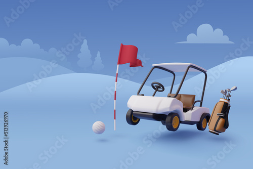 3d Vector of Golf cart, golf bag and golf flag, Sport and Game competition concept.