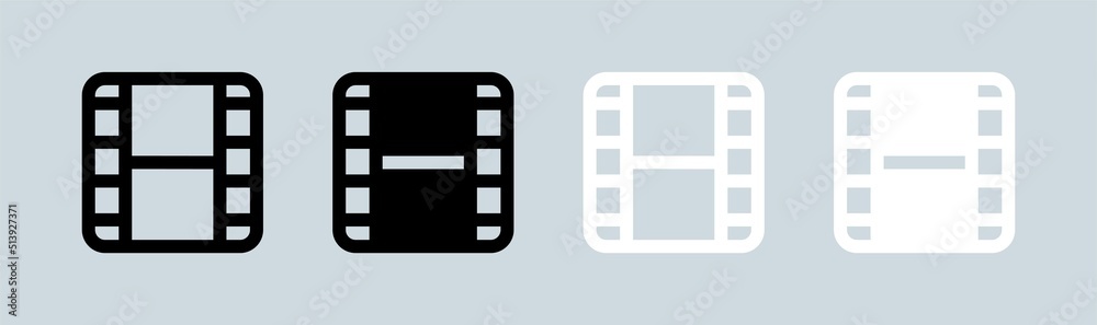 Film icon in black and white colors. Film strip symbol for multimedia interface.