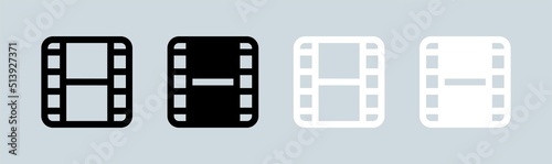 Film icon in black and white colors. Film strip symbol for multimedia interface.