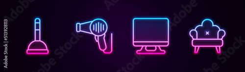 Set line Rubber plunger, Hair dryer, Smart Tv and Sofa. Glowing neon icon. Vector