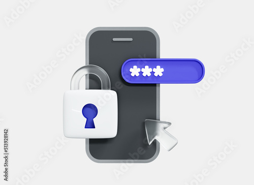 3D Phone with lock and pin code. Personal data security. Locked padlock with password. Privacy concept. Realistic smartphone. Cartoon creative design icon isolated on white background. 3D Rendering