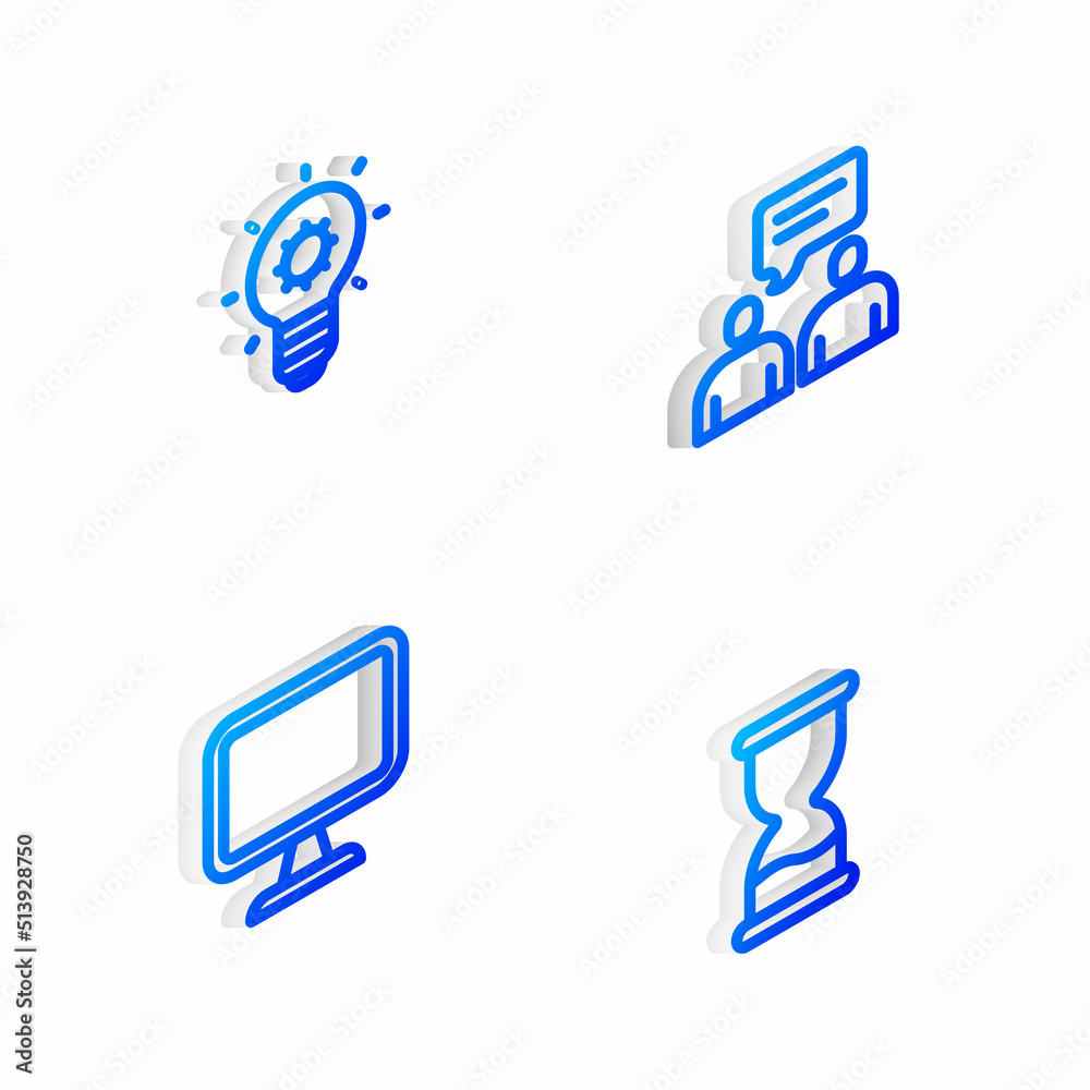 Set Isometric line Two sitting men talking, Light bulb, Computer monitor and Old hourglass icon. Vector Set Isometric line Two sitting men talking, Light bulb, Computer monitor and Old hourglass icon. Vector
