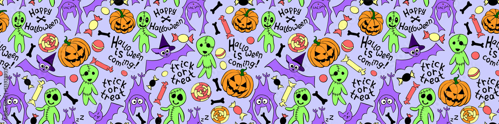 Happy Halloween-seamless pattern with set of icons-pumpkin, Jack lantern, zombie, bat, candy. Funny colorful holiday background, texture for greeting card, wrapping paper, party poster