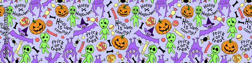 Happy Halloween-seamless pattern with set of icons-pumpkin  Jack lantern  zombie  bat  candy. Funny colorful holiday background  texture for greeting card  wrapping paper  party poster