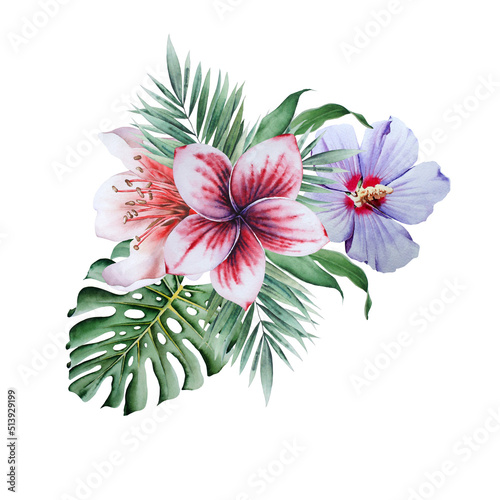 Bright bouquet with  flowers. Hibiscus. Monstera.  Watercolor illustration. Hand drawn.