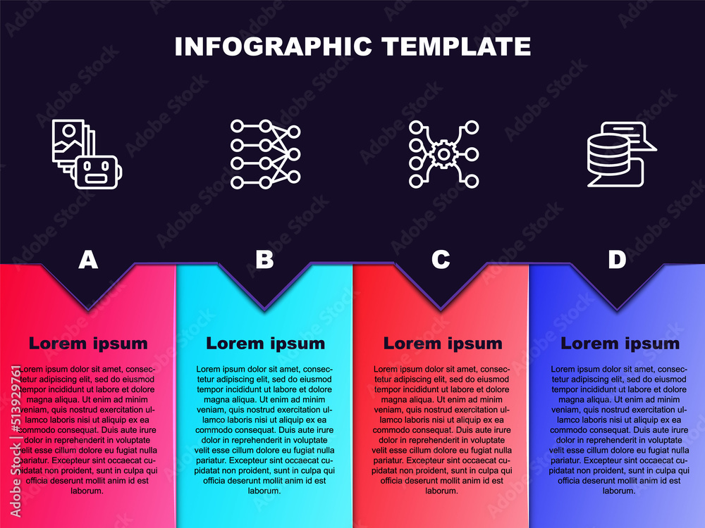 Set line Artificial intelligence robot, Neural network, and Server, Data. Business infographic template. Vector