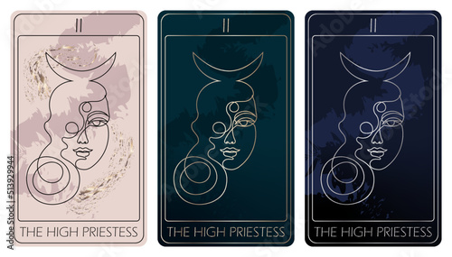 The High Priestess. A card of Major arcana one line drawing tarot cards. Tarot deck. Vector hand drawn illustration with occult, mystical and esoteric symbols. 3 colors. Proposional to 2,75x4,75 in. photo