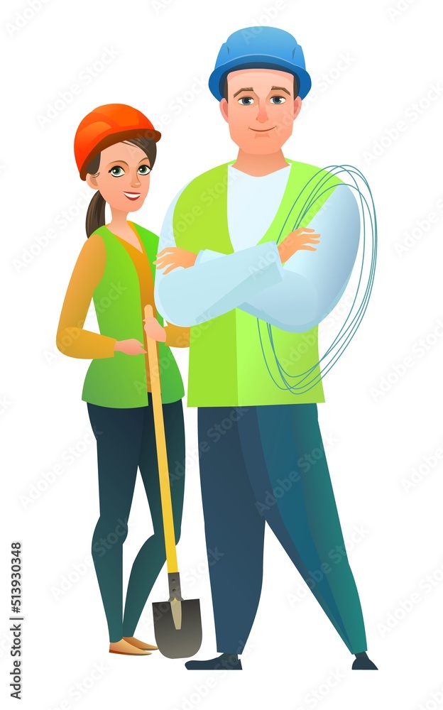 Man and woman builder in vest and protective helmet. Guy worker. Cheerful person. Standing pose. Cartoon comic style flat design. Single character. Illustration isolated white background. Vector Man and woman builder in vest and protective helmet. Guy worker. Cheerful person. Standing pose. Cartoon comic style flat design. Single character. Illustration isolated white background. Vector