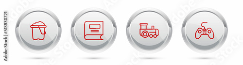 Set line Sand in bucket, Book, Toy train and Gamepad. Silver circle button. Vector