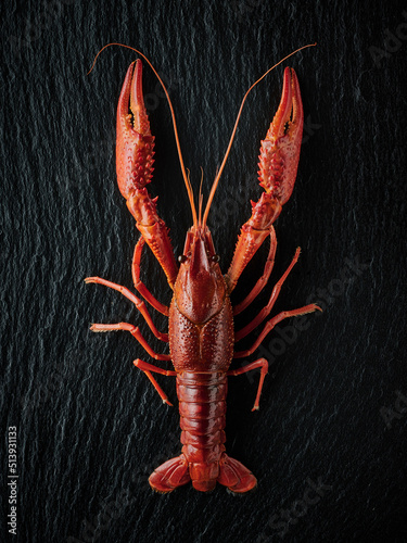 A cooked crayfish on a slate surface