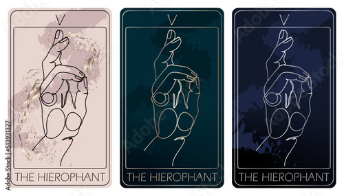The Hierophant. A card of Major arcana one line drawing tarot cards. Tarot deck. Vector linear hand drawn illustration with occult, mystical and esoteric symbols. 3 colors.Proposional to 2,75x4,75 in.