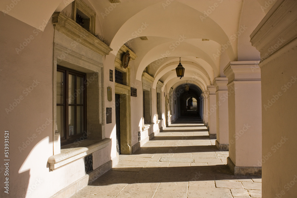 Historical Arcade at Great Market Square in Zamosc, poland