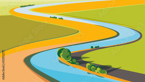 Landscape with river on sunny day. Beautiful natural scenery.