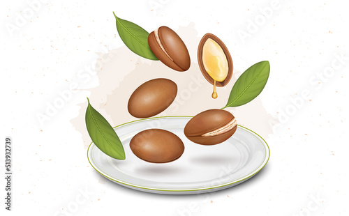 Aregen seed and nuts in the air with green leaves vector illustration