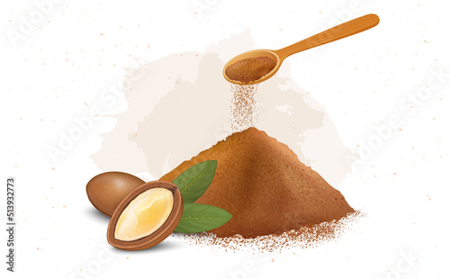 Argan Nuts vector illustration with Argan seeds powder isolated on white background