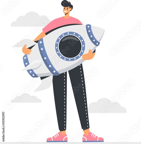 Flat vector illustration. A happy man holding a rocket and preparing it for launch. Concept for launching a startup. 