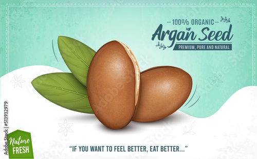 Argan Nuts with Green leaves vector illustration on sea-green background