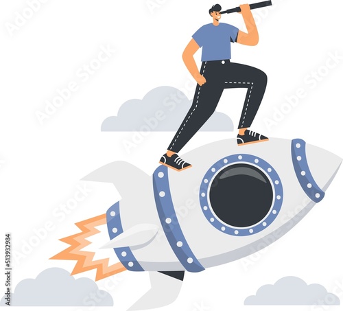 Flat vector illustration. A man flying a rocket and looking down a backyard tube. Startup concept. 