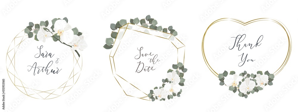 Vector set of frames for wedding invitations. Gold polygonal frames, in the shape of a heart, crystal. White orchids, eucalyptus 