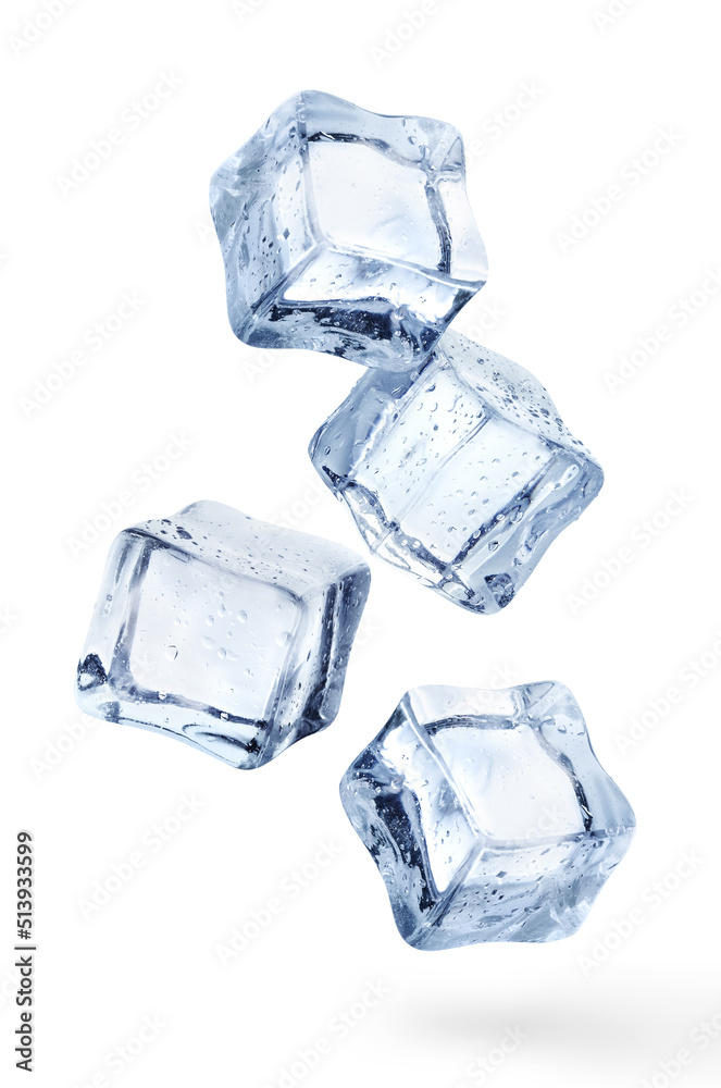 Four flying ice cubes, isolated on white background