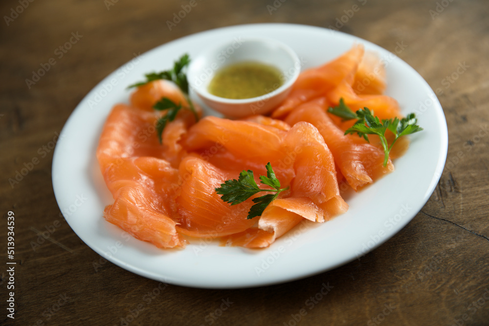 Homemade gravlax salmon with mustard sauce Homemade gravlax salmon with mustard sauce