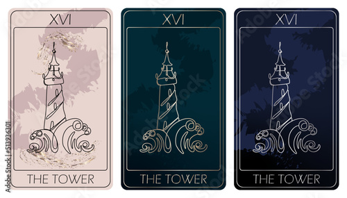 The Tower. A card of Major arcana one line drawing tarot cards. Tarot deck. Vector linear hand drawn illustration with occult, mystical and esoteric symbols. 3 colors. Proposional to 2,75x4,75 in.