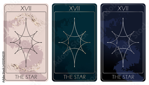The Star. A card of Major arcana one line drawing tarot cards. Tarot deck. Vector linear hand drawn illustration with occult, mystical and esoteric symbols. 3 colors. Proposional to 2,75x4,75 in.