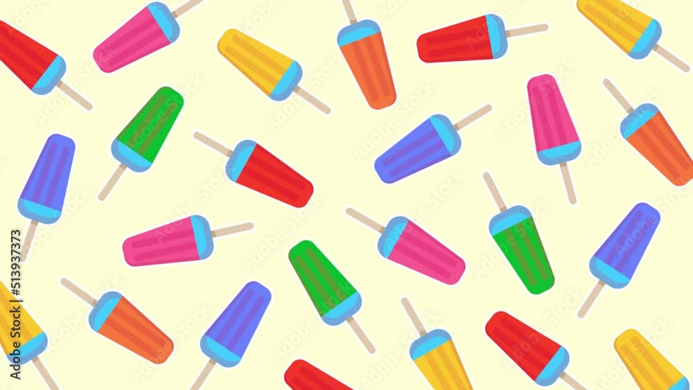 Multicolored ice cream on a stick on a light background. Moving in one place ice cream, frozen popsicles. Animated summer video Multicolored ice cream on a stick on a light background. Moving in one place ice cream, frozen popsicles. Animated summer video