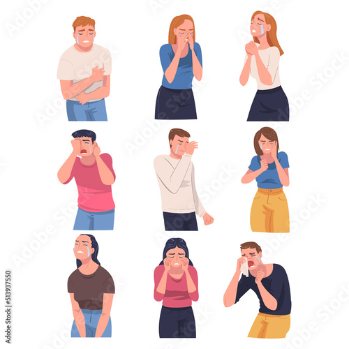 Crying People Character Weeping and Sobbing from Sorrow and Grief Feeling Sad and Upset Vector Set