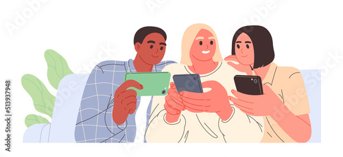 Group of people sitting together with smartphones