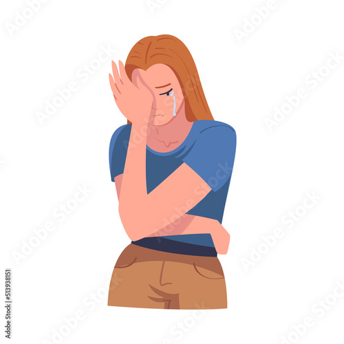 Crying Woman Character Weeping and Sobbing from Sorrow and Grief Feeling Sad and Upset Vector Illustration