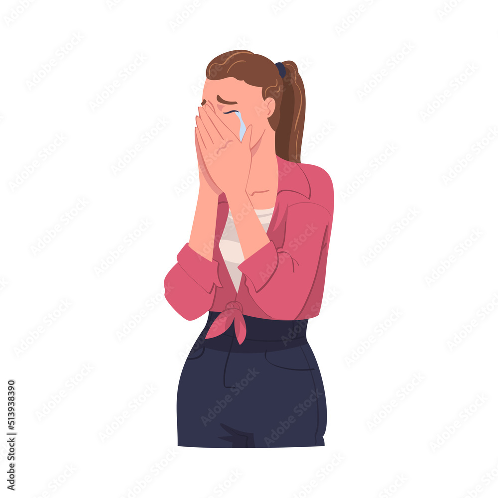 Crying Woman Character Weeping and Sobbing Covering Her Face with Hands Vector Illustration